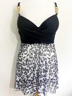 SHEIN Underwire Leopard Print Sheer Bottom Swim Dress with Gold Chain Straps 4X
